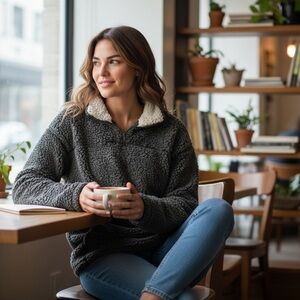 Altar’d State Oversized 1/4 Zip Sherpa Fleece Pullover, Charcoal Grey & Cream